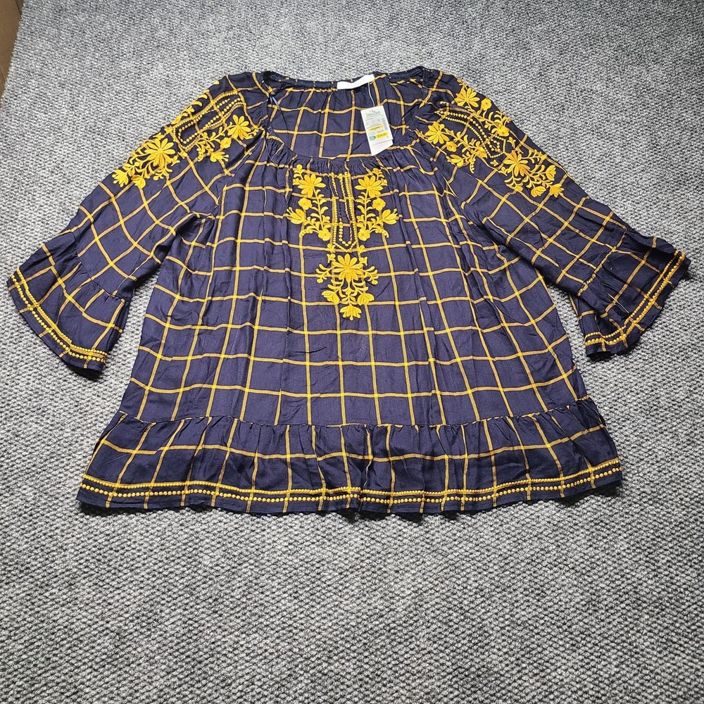 Fever Peasant Blouse Top Women 2X Navy Blue Plaid Embroidered Relaxed Peplum Hem